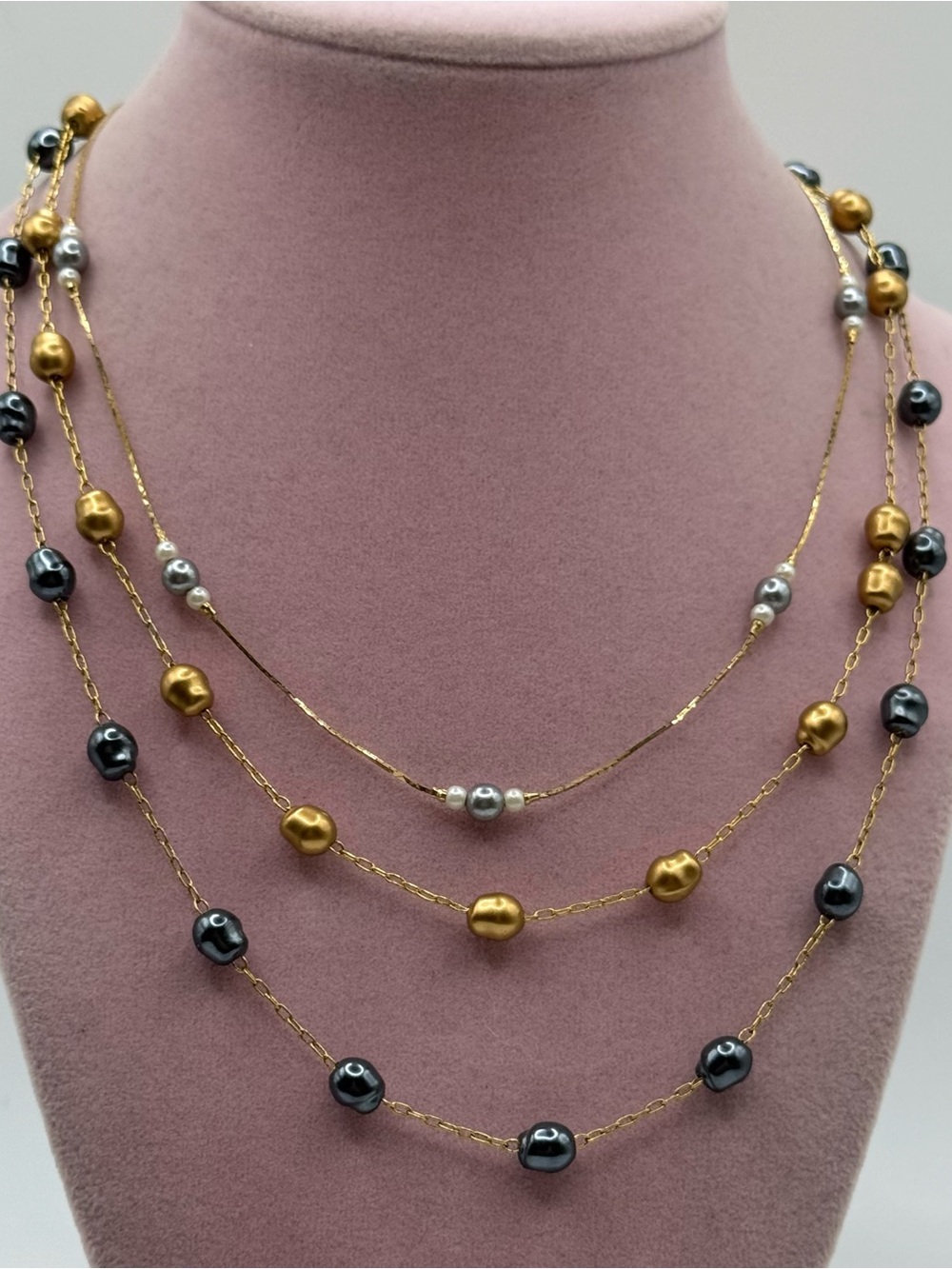 Set of 3 avon Gold, Gunmetal & Silver pearl Bead necklaces